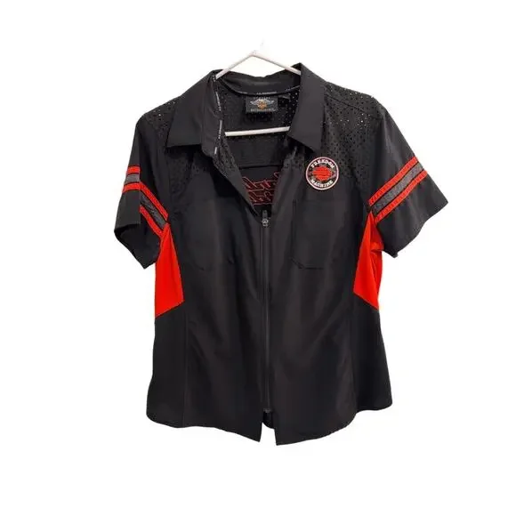 Black & Orange  Harley Davidson Patch Zipper Perforated Collared Zip Up Shirt L - Picture 2 of 9